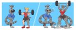 2023 anthro before_and_after blonde_hair blue_background blue_bottomwear blue_clothing blue_shorts bottomwear breasts clothing digital_media_(artwork) dreamerknight dreamerknights duo female fur grey_body grey_fur growth hair hi_res human human_to_anthro lemur mammal markings muscle_growth muscular muscular_anthro muscular_female primate red_clothing red_shirt red_tank_top red_topwear shirt shorts simple_background smile species_transformation standing strepsirrhine striped_markings striped_tail stripes tail tail_growth tail_markings tank_top topwear transformation