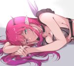 1girl bare_shoulders black_collar blue_eyes blush bra breasts chest_harness collar cyanillust gradient_hair grey_bra harness hololive hololive_english horns irys_(hololive) large_breasts long_hair looking_at_viewer lying mini_wings multicolored_hair o-ring on_side pink_eyes pink_hair pointy_ears purple_hair solo underwear virtual_youtuber wings 