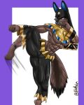 abs absurd_res angry anthro anubian_jackal anubis_(pal) blue_eyes breasts canid canine canis female hi_res jackal kick mammal muscular muscular_anthro muscular_female pal_(species) palworld raised_leg solo under_boob vilomoja