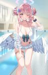  1girl absurdres angel_wings bikini blue_archive blush breasts cleavage commentary double_bun feathered_wings feet_out_of_frame grin hair_bun highres large_breasts looking_at_viewer mika_(blue_archive) ojyomu one_eye_closed pink_hair short_hair smile solo swimsuit wet white_bikini white_wings wings yellow_eyes 