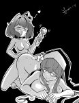  2girls 3qaq absurdres ahoge all_fours ass black_background black_hair blush breasts completely_nude dated drooling heart highres hiiragi_utena hitachi_magic_wand large_breasts mahou_shoujo_ni_akogarete medium_breasts monochrome multiple_girls nude nun open_mouth sex_toy short_hair simple_background sister_giganto smile star-shaped_pupils star_(symbol) sweat symbol-shaped_pupils vibrator yuri 