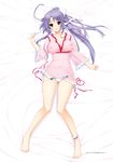  ankle_cuffs ass_visible_through_thighs barefoot bed_sheet blush bow bow_panties breasts brown_eyes chemise cleavage dakimakura full_body hair_bow hair_ribbon highres iizuki_tasuku large_breasts long_hair looking_at_viewer lovely_x_cation_2 lying narukawa_hime non-web_source on_back open_mouth panties panty_pull ponytail purple_hair ribbon scan see-through sidelocks solo underwear underwear_only white_panties wide_sleeves 