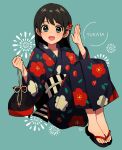  1girl :d aqua_background aqua_eyes arisa_(aren) black_eyes black_footwear black_hair black_kimono black_sash blush commentary dot_nose floral_print floral_print_kimono flower full_body hair_flower hair_ornament hand_up highres holding japanese_clothes kimono knees_up long_hair long_sleeves looking_at_viewer no_socks obi open_mouth original print_kimono red_flower sandals sash signature smile solo vertical-striped_sash waving white_sash wide_sleeves yukata 