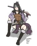  1girl black_footwear black_hair boots cm_lynarc expressionless fire_emblem fire_emblem_awakening forehead full_body fur-trimmed_footwear fur-trimmed_shirt fur_trim high_ponytail highres holding holding_weapon long_sleeves looking_at_viewer puffy_long_sleeves puffy_sleeves say&#039;ri_(fire_emblem) shirt simple_background solo thigh_strap weapon white_background 