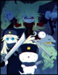  3girls animal animal_ear_headwear animal_ears black_border black_eyes black_hair black_vest blonde_hair blue_dress blue_eyes blue_gloves blue_theme border bow bowtie braid buttons cat cat_ears cat_tail claws closed_mouth defect_mogeko dress evil_grin evil_smile expressionless funamusea funamusea_(artist) fur_hat fur_trim gloves grey_eyes grey_jacket grey_nails grin hair_between_eyes hair_over_one_eye halo hat heterochromia holding holding_knife holding_sword holding_weapon jacket knife kurai_yonaka looking_down moge-ko mogeko_(mogeko_castle) mogeko_castle mogekov mogekov_hashasky multiple_girls necktie official_art outline promotional_art red_bow red_bowtie red_eyes red_shirt red_skirt scar shaded_face shadow sharp_teeth shiratama_(mogeko_castle) shirt skirt smile sweat sweatdrop sword tail teeth twin_braids ushanka vest weapon white_hair white_outline 