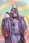  :d armpits black_eyes blush bow_(bhp) breasts cowboy_shot crotchless_clothes cup eyebrows eyebrows_visible_through_hair fangs fate/grand_order fate_(series) horns japanese_clothes kimono looking_at_viewer navel nipples oni oni_horns open_clothes open_kimono open_mouth petals purple_eyes purple_hair purple_skin pussy revealing_clothes sakazuki short_hair shuten_douji_(fate/grand_order) small_breasts smile solo teeth 