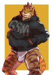 anthro black_clothing black_hoodie black_topwear bulge clothing felid hi_res hoodie kourney male mammal muscular muscular_anthro muscular_male muscular_thighs pantherine rude_(kourney) solo striped_body stripes tail tiger topwear underwear