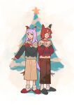  2girls absurdres alternate_costume animal_ears brown_pants brown_skirt christmas christmas_sweater christmas_tree closed_mouth ear_covers full_body gocic highres horse_ears horse_girl horse_tail ikuno_dictus_(umamusume) long_hair long_sleeves looking_at_another mejiro_mcqueen_(umamusume) multiple_girls open_mouth orange_hair pants purple_eyes purple_hair round_eyewear skirt sleeves_past_wrists slippers smile socks standing tail umamusume white_socks 