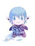  armor belt_choker blue_eyes blue_hair chainmail character_doll closed_mouth final_fantasy final_fantasy_xiv flower haurchefant_greystone highres lopear no_humans simple_background smile stuffed_toy white_background wrapped_candy 
