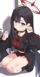 1girl 3: absurdres airpods black_choker black_hair black_jacket black_shirt black_skirt black_wings blue_archive breasts choker closed_mouth earphones gubbi_on hair_ornament hairclip halo hand_up highres holding holding_earphones ichika_(blue_archive) jacket kneeling korean_commentary long_hair long_sleeves looking_at_viewer low_wings medium_breasts neckerchief purple_eyes red_neckerchief shadow shirt skirt solo thighs white_background wings wireless_earphones 