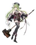  1girl absurdres arknights belt belt_pouch coat commentary_request green_hair grey_thighhighs hammer hat hat_feather highres holding holding_hammer hsng_(hoshinagi) long_hair poncirus_(arknights) pouch purple_eyes thighhighs war_hammer weapon white_background 
