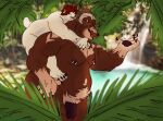 anthro balls bear bearinvernal belly claws duo embrace genitals hairy hi_res hug hugging_from_behind leaf love male mammal nipple_piercing nipples nude obese obese_anthro overweight overweight_anthro pawpads paws penis piercing polar_bear size_difference ursine water waterfall