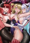  3girls absurdres akizuki_momiji animal_ears arm_strap asymmetrical_docking azur_lane bare_shoulders black_gloves black_horns black_leotard black_pantyhose blonde_hair breast_press breasts cleavage commentary_request cowboy_shot curled_horns detached_collar detached_sleeves facial_mark fake_animal_ears fishnet_pantyhose fishnets gloves guam_(azur_lane) guam_(stage-setting_charmer)_(azur_lane) hair_between_eyes heart heart_facial_mark highres hindenburg_(azur_lane) hindenburg_(delirious_duel)_(azur_lane) horns kearsarge_(all_night_charge)_(azur_lane) kearsarge_(azur_lane) large_breasts leotard long_hair looking_at_viewer multiple_girls official_alternate_costume open_mouth pantyhose playboy_bunny pointy_ears pouring_onto_another purple_eyes purple_leotard red_eyes red_hair saliva saliva_trail strapless strapless_leotard tongue tongue_out undersized_breast_cup very_long_hair wrist_cuffs yuri 