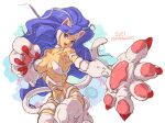 2017 animal_humanoid blue_eyes blue_hair breasts capcom claws darkstalkers felicia_(darkstalkers) felid felid_humanoid feline feline_humanoid female fur hair humanoid long_hair mammal mammal_humanoid osanpogakari pawpads signature simple_background solo tail tan_body tan_skin white_body white_fur