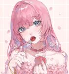  1girl blue_eyes cherry_blossom_print cherry_blossoms collar crypton_future_media falling_petals floral_print food food_in_mouth food_request fork highres holding holding_food holding_fork kani_samurai looking_at_viewer megurine_luka open_mouth petals pink_background pink_collar pink_hair pink_nails sakura_luka sidelocks solo tile_background vocaloid 