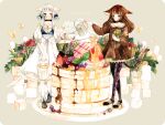  2girls animal_ears black_hair black_pantyhose blueberry border bouquet bow brown_dress brown_eyes bucket bug butterfly buttons cat_ears cat_girl cat_tail chocolate_syrup closed_mouth cube dress eko_(ecology) english_text flower food frilled_dress frills fruit garden green_background green_eyes hair_bow high_heels holding holding_bouquet holding_bucket lace leaf long_hair long_sleeves looking_at_viewer maple_syrup multiple_girls open_mouth original pancake pantyhose plant plate red_flower scissors shoes short_sleeves sidelocks simple_background standing strawberry syrup tail watering_can whipped_cream white_border white_dress white_hair yellow_butterfly yellow_flower 