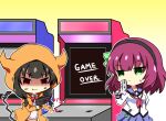  2girls :&lt; angel_beats! anger_vein angry arcade asakura_karen_(heaven_burns_red) black_hair black_hairband blue_sailor_collar blunt_bangs bright_pupils chibi chibi_only closed_mouth commentary_request cowboy_shot frown game_over green_eyes gun hairband hand_up handgun heaven_burns_red highres holding holding_gun holding_weapon hood hood_up hooded_jacket jacket jitome long_sleeves low_twintails motion_lines multiple_girls nakamura_yuri neckerchief open_clothes open_jacket orange_jacket pink_neckerchief pout purple_hair red_eyes sailor_collar sekibaracheice shaded_face shinda_sekai_sensen_uniform shirt simple_background sound_effects sweatdrop twintails v-shaped_eyebrows wavy_mouth weapon white_pupils white_shirt yellow_background 