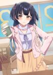  1girl bag black_hair blue_shirt blunt_bangs blush brown_eyes casual closed_mouth commentary cowboy_shot cup disposable_cup frilled_ribbon frilled_shirt frills frown hair_ribbon hand_on_own_hip handbag highres holding holding_cup idolmaster idolmaster_shiny_colors indoors jacket kisara_keyy long_hair looking_at_viewer mayuzumi_fuyuko open_clothes open_jacket pink_jacket purple_ribbon ribbon shirt skirt solo straight_hair tsurime two_side_up v-shaped_eyebrows very_long_hair yellow_skirt 