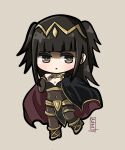  1girl black_cape black_hair blunt_bangs bodystocking brown_eyes cape chibi covered_navel dated fire_emblem fire_emblem_awakening full_body highres kagura_oni long_hair looking_at_viewer parted_lips solo tharja_(fire_emblem) twintails 