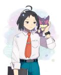  1boy ahoge belt belt_buckle black_belt black_eyes black_hair buckle cheren_(pokemon) closed_mouth collared_shirt commentary_request eneko_(olavcnkrpucl16a) hand_up male_focus necktie on_shoulder pants pokemon pokemon_(creature) pokemon_bw2 pokemon_on_shoulder purrloin shirt short_hair smile tie_clip white_shirt 