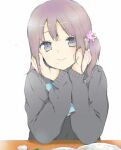  1girl blue_eyes blue_ribbon clenched_hand closed_mouth desk eraser flower grey_sweater hair_between_eyes hair_flower hair_ornament hands_on_own_cheeks hands_on_own_face head_rest kokoro_connect long_sleeves looking_at_viewer loveachelove lowres medium_hair nagase_iori neck_ribbon pencil purple_hair raised_eyebrows ribbon side_ponytail simple_background sitting sleeves_past_wrists smile solo sweater upper_body white_background 