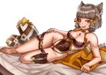  1girl absurdres animal_ear_fluff animal_ears arm_support barefoot blunt_bangs blush boots breasts brown_footwear cat_ears chest_jewel core_crystal_(xenoblade) dagger facial_mark full_body grey_hair hair_ribbon hand_on_own_hip highleg highleg_leotard highres knife leotard looking_to_the_side lying nervous_smile nia_(xenoblade) on_side oniisan02b open_mouth ribbon sheath sheathed short_hair small_breasts smile solo thigh_strap unworn_boots unworn_sweater weapon white_background white_leotard xenoblade_chronicles_(series) xenoblade_chronicles_2 yellow_eyes yellow_ribbon 