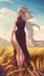  1girl bare_arms bare_legs bare_shoulders barefoot black_dress blue_eyes blue_sky breasts bug cloud commentary day dress hand_in_own_hair highres long_hair looking_at_viewer medium_breasts mountainous_horizon original outdoors parted_lips personal_ami side_slit silk sky sleeveless sleeveless_dress solo spider spider_web standing very_long_hair wheat wheat_field white_hair 
