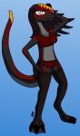 absurd_res anthro anthrosaur blue_background bra clothing dinosaur fan_character female hi_res legwear monolophosaurus panties pose reptile scalie signature simple_background solo standing stockings theropod underwear unknown_artist