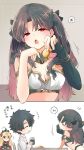  1boy 2girls azumi_(myameco) black_hair breasts cleavage ereshkigal_(fate) fate/grand_order fate_(series) fujimaru_ritsuka_(male) ishtar_(fate) long_hair medium_breasts multiple_girls red_eyes siblings sisters translation_request 