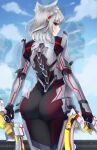  1girl animal_ear_fluff animal_ears armor ass ass_focus back bodysuit cat_ears doiparuni from_behind grey_hair highres looking_at_viewer looking_back m_(xenoblade) mio_(xenoblade) short_hair smile solo thighs xenoblade_chronicles_(series) xenoblade_chronicles_3 yellow_eyes 