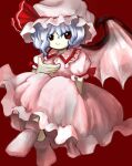  1girl bat_wings blue_hair closed_mouth collared_dress dress frilled_dress frills full_body hand_up hat highres light_blue_hair looking_at_viewer medium_hair mob_cap no_shoes official_style pink_dress pink_headwear pink_socks puffy_short_sleeves puffy_sleeves red_background red_eyes red_ribbon remilia_scarlet ribbon short_sleeves simple_background socks solo touhou wings yakumora_n zun_(style) 