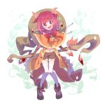  1girl akino_kaede blush brown_shorts capelet coat commentary full_body hair_ornament hat holding holding_staff knees_together_feet_apart leaf leaf_hair_ornament leaf_on_head looking_at_viewer magia_record:_mahou_shoujo_madoka_magica_gaiden magical_girl mahou_shoujo_madoka_magica midriff navel open_mouth orange_capelet orange_coat paru_rari red_eyes red_hair short_hair shorts simple_background smile solo staff standing thighhighs two_side_up unworn_hat unworn_headwear white_background white_thighhighs witch_hat 