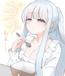  1girl absurdres blue_archive blue_hair blunt_bangs blush breasts cleavage closed_mouth collarbone commentary_request eating fork hebidenchi highres holding holding_fork large_breasts long_hair long_sleeves noa_(blue_archive) ponytail shirt solo upper_body white_shirt 