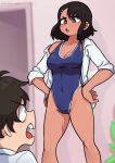  1boy 1girl absurdres alternate_hair_length alternate_hairstyle black_hair blue_one-piece_swimsuit blush breasts brown_eyes brown_hair cleavage covered_navel dashi_(dashiart) earclip hachiouji_naoto hair_ornament hairclip hands_on_own_hips highres ijiranaide_nagatoro-san looking_at_another medium_breasts nagatoro_hayase one-piece_swimsuit open_mouth patreon_username school_swimsuit shirt short_hair sleeves_rolled_up standing swimsuit unbuttoned white_shirt 
