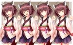  1girl ^_^ animal_ears blue_hakama blue_skirt border brown_background brown_cat brown_hair cat_ears clenched_hand closed_eyes closed_mouth commentary_request cowboy_shot hakama hakama_short_skirt hakama_skirt japanese_clothes kimono light_blush long_sleeves obi open_mouth outside_border purple_ribbon red_eyes red_sash ribbon sash shiroino_(shirayuki_mutsuki) short_hair short_kimono skirt sleeves_past_wrists smile tachi-e touhoku_kiritan variations voiceroid waist_ribbon white_border white_kimono white_sleeves wide_sleeves yukata 