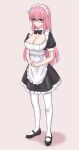  1girl absurdres alternate_costume apron black_dress black_footwear blue_eyes bocchi_the_rock! breasts cleavage cube_hair_ornament dress enmaided full_body gotoh_hitori hair_ornament highres kurofuro large_breasts long_hair maid maid_apron maid_headdress pantyhose pink_hair solo standing white_apron white_pantyhose 