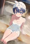  1girl @_@ absurdres alternate_hairstyle blue_eyes blue_hair breasts cleavage highres link!_like!_love_live! love_live! medium_breasts medium_hair mole mole_on_neck murano_sayaka naked_towel onsen see-through sitting solo steam tearing_up thighs towel towel_on_head water wet wet_towel zanpon 