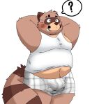 2024 anthro belly blush brown_body brown_fur bulge canid canine clothing fur givemepudding3 hi_res kemono male mammal overweight overweight_male question_mark raccoon_dog shirt simple_background solo tanuki topwear underwear white_background