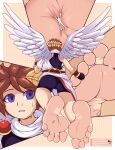 absurd_res angel anon barefoot blue_eyes bodily_fluids brown_hair butt duo exclamation_point feathered_wings feathers feet foot_focus hair hi_res human humanoid_feet kid_icarus light_body light_skin macro male mammal maskedcocoa nintendo not_furry pit_(kid_icarus) plantigrade soles sweat text url wings