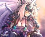  1girl armor artist_name bandages bent_over breasts chinese_zodiac cleavage cosplay digimon dramonbt fang gaioumon gaioumon_(cosplay) gauntlets hair_between_eyes hands_on_lap hands_on_own_legs highres horns large_breasts long_hair shoulder_armor sitting slit_pupils smirk solo white_hair year_of_the_dragon yellow_eyes 