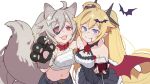  2girls alcohol animal_ear_fluff animal_ears animal_hands bandaged_chest bat_hair_ornament belt_collar black_dress blonde_hair blue_eyes breasts clear_(djmax) closed_mouth collar cup djmax djmax_respect dress drinking_glass eyepatch fail_(djmax) fang fangs fingerless_gloves flower gloves grey_hair grey_tail hair_ornament halloween_costume halterneck highres large_tail long_hair looking_at_viewer multiple_girls navel open_mouth paw_gloves pointy_ears red_eyes red_flower red_nails red_rose rose shorts simple_background small_breasts smile tail upper_body vampire_costume werewolf_costume white_background wine wine_glass zorago 