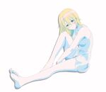  1girl barefoot blonde_hair blue_eyes blush breasts dress feet full_body highres kazumasa_25 kingdom_hearts kingdom_hearts_ii legs long_hair looking_at_viewer namine sitting smile soles solo white_dress 