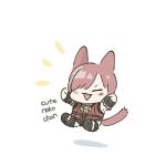  1boy animal_ears blush_stickers cat_boy cat_ears cat_tail chibi closed_eyes english_text final_fantasy final_fantasy_xiv full_body g&#039;raha_tia jumping kinmoku_sei3 open_mouth red_hair red_shirt shirt simple_background smile solo tail triangle_mouth white_background 
