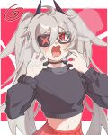  1girl @_@ ahoge black-framed_eyewear black_choker black_sweater blush breath choker cropped_sweater djmax djmax_respect eyepatch fail_(djmax) grey_hair hair_ornament hands_up highres kazuhito_(pixiv_26697978) long_hair long_sleeves looking_at_viewer midriff navel open_mouth red_background red_eyes red_skirt saliva simple_background skirt solo sweater tearing_up twintails upper_body 