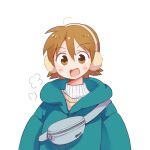  1girl aioi_yuuko artist_name blue_hoodie blush brown_eyes brown_hair earmuffs fanny_pack hair_between_eyes hood hoodie nichijou open_mouth orange_sweater puff_of_air short_hair simple_background smile solo sun_visor_(mata69) sweater white_background white_sweater 