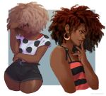  2girls afro belt big_hair black_belt black_nails black_shorts bra_strap breasts brown_eyes brown_hair brown_lips camisole commentary cropped_legs dark-skinned_female dark_skin earrings english_commentary finger_to_mouth fingernails furrowed_brow grey_hair high-waist_shorts hoop_earrings jewelry long_fingernails mismatched_eyebrows multiple_girls nail_polish nose off-shoulder_shirt off_shoulder original polka_dot red_nails rejean_dubois shirt shorts small_breasts striped_camisole t-shirt thick_eyebrows thick_thighs thighs very_dark_skin wide_hips 