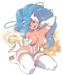 2024 animal_humanoid blue_eyes blue_hair breasts capcom claws darkstalkers felicia_(darkstalkers) felid felid_humanoid feline feline_humanoid female fur hair humanoid long_hair mammal mammal_humanoid open_mouth open_smile osanpogakari pawpads signature simple_background sitting smile solo tail tan_body tan_skin white_body white_fur