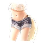  1girl black_panties black_shorts commentary_request crop_top cropped_legs fox_girl groin kuro_kosyou navel navel_focus original panties shirt short_shorts shorts side-tie_panties simple_background solo stomach underwear white_background white_shirt 