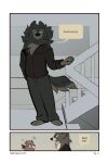 baphypaws bobbi_(baphypaws) canid canine canis clothing comic dialogue domestic_cat felid feline felis female male mammal stairs surprise wolf