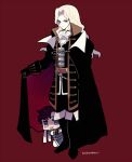  2boys alucard_(castlevania) ascot black_cape black_coat black_footwear black_gloves blonde_hair boots brown_eyes cape castlevania_(series) chain chibi closed_mouth coat collared_cape collared_coat full_body gloves kotorai long_hair male_focus multiple_boys no_nose red_background richter_belmont signature standing white_ascot 